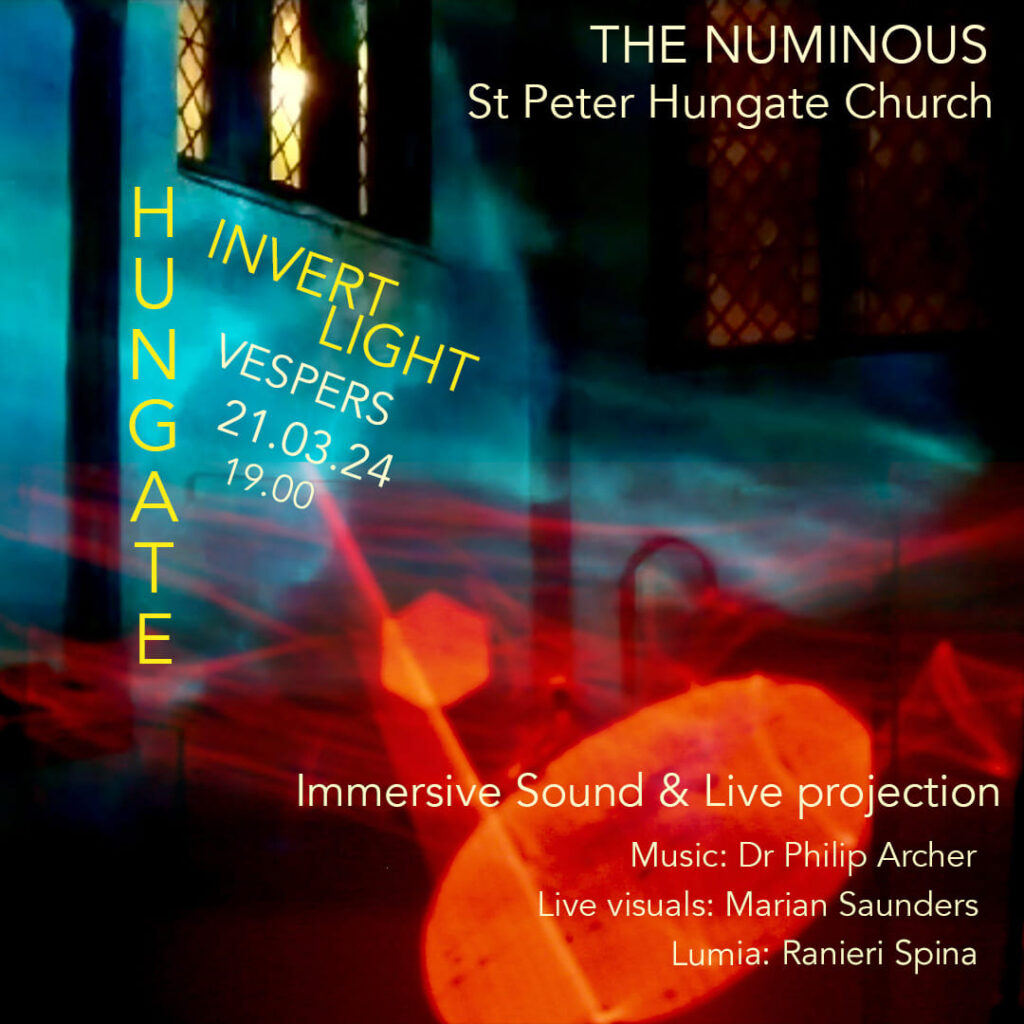 Image shows coloured lights and text superimposed on an image of Hungate interior.